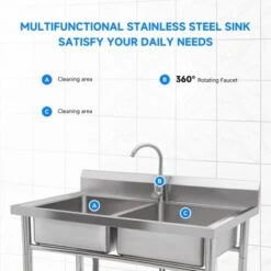 Stainless Steel Sink, Commercial Kitchen Prep Sink Free Standing Double Bowl With Cold And Hot Water Pipe Undershelf Faucet For Restaurant Bar