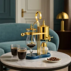 Nispira Belgium Royal Family Balance Syphon Unique Gravity Vintage Coffee Maker Vacuum Brewing System Gold With Peacock Blue Base 500 Ml