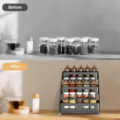 3-Layer Foldable Carbon Steel Spices Rack With Non-Slip Suction Cups, Adjusted Height 10-10.8Inch, Space-Saving For Kitchen Desktop & Cabinet, Black 8 3-Layer Foldable Carbon Steel Spices Rack With Non-Slip Suction Cups, Adjusted Height 10-10.8Inch, Space-Saving For Kitchen Desktop & Cabinet, Black - Image 6