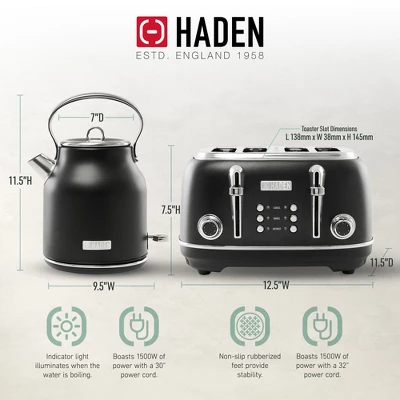 Haden Heritage 4 Slice Wide Slot Stainless Steel Toaster Bundled With 1.7 Liter Stainless Steel Electric Water Kettle, Black & Chrome 4 Haden Heritage 4 Slice Wide Slot Stainless Steel Toaster Bundled With 1.7 Liter Stainless Steel Electric Water Kettle, Black & Chrome - Image 2