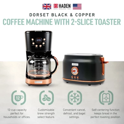 Haden Dorset 2 Slice Wide Slot Stainless Steel Toaster Bundled With 12 Cup Programmable Drip Coffee Maker Coffee Machine, Black & Copper 3 Haden Dorset 2 Slice Wide Slot Stainless Steel Toaster Bundled With 12 Cup Programmable Drip Coffee Maker Coffee Machine, Black & Copper