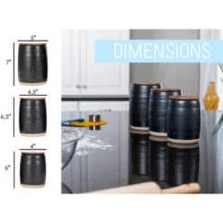 Nat & Jules Lidded Black 6 Inch Ceramic And Wood Kitchen Canisters Set Of 3