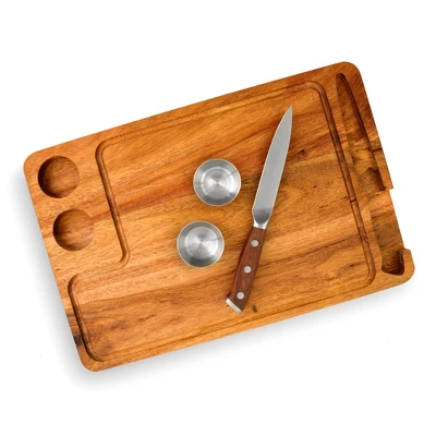 Yukon Glory Premium 100% Acacia Steak Board Set With Juice Groove, Steak Knife, And Condiment Cups 3 Yukon Glory Premium 100% Acacia Steak Board Set With Juice Groove, Steak Knife, And Condiment Cups