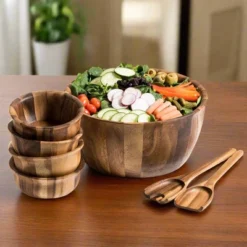 Kalmar Home Solid Acacia 7 Piece - X-Large Salad Bowl With Servers And 4 Individuals