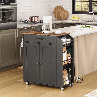 MaseiKar Kitchen Island With Power Outlet, Storage Island With Spice Rack And Drawer, Rolling Kitchen Cart On Wheels, For Home, Dining Room, Black 4 MaseiKar Kitchen Island With Power Outlet, Storage Island With Spice Rack And Drawer, Rolling Kitchen Cart On Wheels, For Home, Dining Room, Black - Image 2