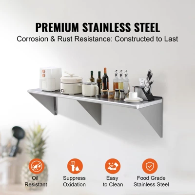 VEVOR 18" X 72" Stainless Steel Shelf, Wall Mounted Floating Shelving With Brackets, 500 Lbs Load Capacity Commercial Shelves 4 VEVOR 18" X 72" Stainless Steel Shelf, Wall Mounted Floating Shelving With Brackets, 500 Lbs Load Capacity Commercial Shelves - Image 2