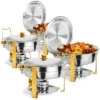 ROVSUN 5 Qt 2 Pack Gold Round Chafing Dishes For Buffet With Lid Holder, Buffet Warmer Set For Party