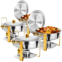 ROVSUN 5 Qt 2 Pack Gold Round Chafing Dishes For Buffet With Lid Holder, Buffet Warmer Set For Party