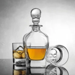 3pc Crystal Skull Decanter And Double Old-Fashion Set - Godinger Silver