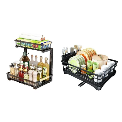 FURNIinspire Kitchen Racks 2pcs Large Dish Drying Rack Sink Organizer Rack With Tray 2 Tier Pull Out Cabinet Shelves, Black, 16.7"*11.8"*5.7" 3 FURNIinspire Kitchen Racks 2pcs Large Dish Drying Rack Sink Organizer Rack With Tray 2 Tier Pull Out Cabinet Shelves, Black, 16.7"*11.8"*5.7"