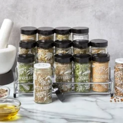 Kamenstein 15pc Jar Lincoln Step Spice Rack: Metal Seasoning Organizer With Spice Jars, Kitchen Storage, Black/Silver