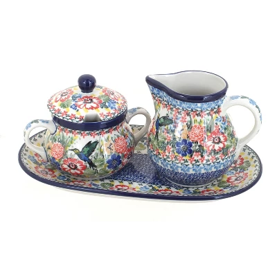 Blue Rose Polish Pottery 522 Ceramika Artystyczna Large Cream & Sugar Set With Tray 4 Blue Rose Polish Pottery 522 Ceramika Artystyczna Large Cream & Sugar Set With Tray - Image 2