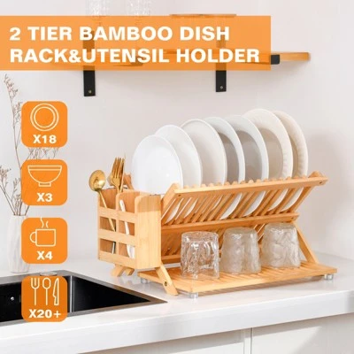 KTMBDW Bamboo Dish Drying Rack, 3 Tier Collapsible Dish Rack With Utensil Holder, Wooden Dish Drying Rack For Kitchen Counter, Dish Drainer, Natural 7 KTMBDW Bamboo Dish Drying Rack, 3 Tier Collapsible Dish Rack With Utensil Holder, Wooden Dish Drying Rack For Kitchen Counter, Dish Drainer, Natural - Image 5
