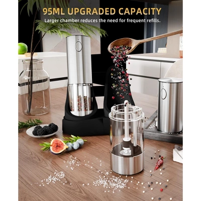 SUGIFT Electric Salt And Pepper Grinder Set Rechargeable Stainless Steel Mills With LED Light Adjustable Coarseness Type C Charging Base 95ml Capacity 6 SUGIFT Electric Salt And Pepper Grinder Set Rechargeable Stainless Steel Mills With LED Light Adjustable Coarseness Type C Charging Base 95ml Capacity - Image 4