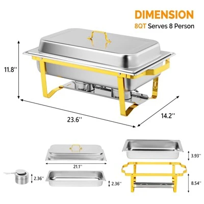 ROVSUN 2 Pack Gold 9QT Chafing Dishes For Buffet, Rectangular Stainless Steel Chafers And Buffet Warmers Sets For Party 9 ROVSUN 2 Pack Gold 9QT Chafing Dishes For Buffet, Rectangular Stainless Steel Chafers And Buffet Warmers Sets For Party - Image 7