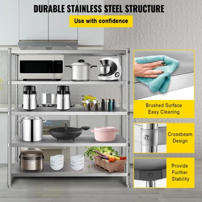 VEVOR Storage Shelf, 5-Tier Storage Shelving Unit, Stainless Steel Garage Shelf, 70.9 X 17.7 X 70.9 Inch Heavy Duty Storage Shelving, Silver 6 VEVOR Storage Shelf, 5-Tier Storage Shelving Unit, Stainless Steel Garage Shelf, 70.9 X 17.7 X 70.9 Inch Heavy Duty Storage Shelving, Silver - Image 4