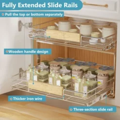LOVMOR 2 Tier Pull Out Cabinet Organizer 25½" W X 21½" D, Slide Out Drawers With Wooden Handle, Sliding Shelves Organization