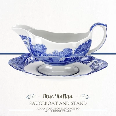 Spode Blue Italian 9 Oz Gravy Boat And Saucer, Earthenware Sauce Boat With Large Handle, Classic Countryside Design, Dishwasher & Microwave Safe 3 Spode Blue Italian 9 Oz Gravy Boat And Saucer, Earthenware Sauce Boat With Large Handle, Classic Countryside Design, Dishwasher & Microwave Safe