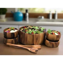 Kalmar Home Solid Acacia Wood 7 Piece - X-Large Salad Bowl With Servers And 4 Individuals