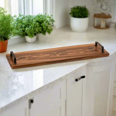 Kalmar Home Acacia Wood Tray W/ Metal Handles - Extra Long 4 Kalmar Home Acacia Wood Tray W/ Metal Handles - Extra Long - Image 2