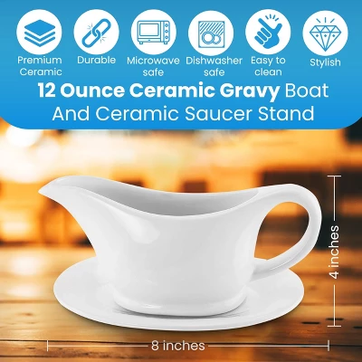KOVOT White Elegant 12oz Ceramic Gravy Boat And Saucer Plate Set - Perfect For Gravies, Sauces, And Dressings - Microwave And Dishwasher Safe 3 KOVOT White Elegant 12oz Ceramic Gravy Boat And Saucer Plate Set - Perfect For Gravies, Sauces, And Dressings - Microwave And Dishwasher Safe