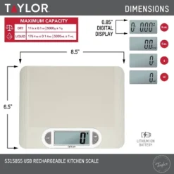 Taylor 11lb Digital Kitchen Food Scale USB With Ocean Bound Plastic Cream: Rechargeable LCD Display, 11lb Capacity