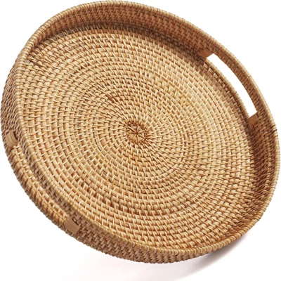BRINJOY 14" Round Woven Tray With Handles - Natural Rattan Coffee Table Decor, Serving Tray For Kitchen & Home 7 BRINJOY 14" Round Woven Tray With Handles - Natural Rattan Coffee Table Decor, Serving Tray For Kitchen & Home - Image 5