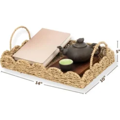 BRINJOY 14" Woven Seagrass Tray With Scalloped Edge - Bohemian Decorative Tray With Handles For Coffee Table Ottoman Festive Decor, Brown