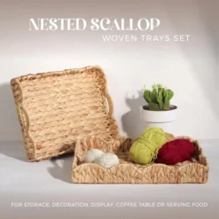 BRINJOY 2-Piece Water Hyacinth Tray Set - Handwoven Scalloped Edge Trays With Handles (17" & 15.5" Rectangular Storage Baskets)