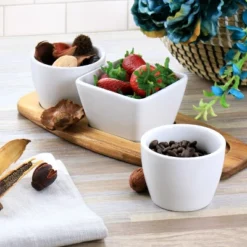 Gibson Elite Gracious Dining 4 Piece Fine Ceramic Tidbit Dish Set With Acacia Wood Base