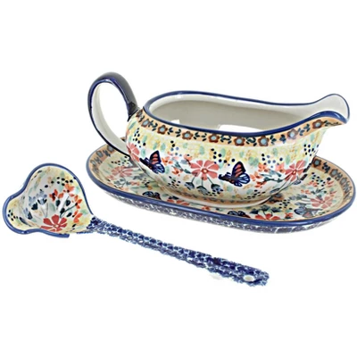 Blue Rose Polish Pottery S119 Manufaktura Gravy Boat Plate & Ladle 4 Blue Rose Polish Pottery S119 Manufaktura Gravy Boat Plate & Ladle - Image 2