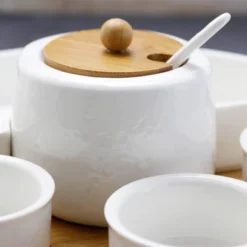 8pc Stoneware Party Serving Set White - Elama: Bamboo & Stoneware, Microwave & Dishwasher Safe, Includes Condiment & 4 Bowls