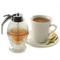 Norpro Honey Dispenser 1 Cup: Glass Syrup Pitcher, 8 Oz Capacity, Hand Wash, Silver & Clear Condiment Server