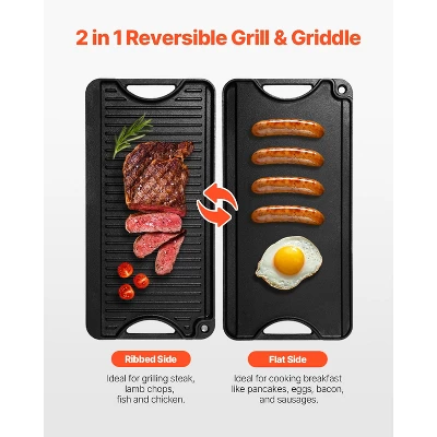 VEVOR Reversible Grill/Griddle, 20x10 Inch Pre-Seasoned Cast Iron Griddle, Portable Rectangular Pan With Handle, Family Cookware, Black 4 VEVOR Reversible Grill/Griddle, 20x10 Inch Pre-Seasoned Cast Iron Griddle, Portable Rectangular Pan With Handle, Family Cookware, Black - Image 2
