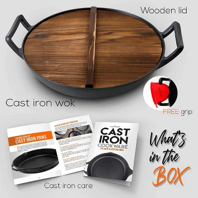 NutriChef 5.8-Quart Pre-Seasoned Cast Iron Wok With Wooden Lid NCCIWOK60 - Black 7 NutriChef 5.8-Quart Pre-Seasoned Cast Iron Wok With Wooden Lid NCCIWOK60 - Black - Image 5