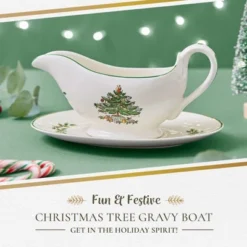 Spode Portmeirion Christmas Tree 9 Oz Gravy Boat & Stand - Festive Porcelain Sauce Boat With Tray For Holiday Gatherings - Microwave, Dishwasher, Oven Safe