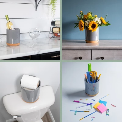 Elanze Designs 8 Inch Floral Beetle Large Ceramic Kitchen Utensil Holder Gray And White Crock With Cork Base 5 Elanze Designs 8 Inch Floral Beetle Large Ceramic Kitchen Utensil Holder Gray And White Crock With Cork Base - Image 3