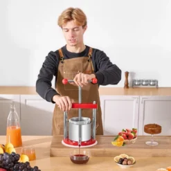 VEVOR 0.44 Gal/1.65L Fruit Wine Press, 2 Stainless Steel Barrels, Manual Juice Maker, Cider Apple Grape Tincture Honey Olive Oil Making Press, Red