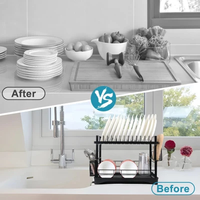 DOMETOUR 2 Piece Dish Drying Rack With Pot Organizer Rack 2 Tier Dish Rack With Drainboard & 8 Adjustable Pan Organizer For Kitchen Counter Storage 7 DOMETOUR 2 Piece Dish Drying Rack With Pot Organizer Rack 2 Tier Dish Rack With Drainboard & 8 Adjustable Pan Organizer For Kitchen Counter Storage - Image 5