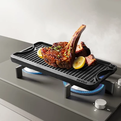 VEVOR Reversible Grill/Griddle, 20x10 Inch Pre-Seasoned Cast Iron Griddle, Portable Rectangular Pan With Handle, Family Cookware, Black 3 VEVOR Reversible Grill/Griddle, 20x10 Inch Pre-Seasoned Cast Iron Griddle, Portable Rectangular Pan With Handle, Family Cookware, Black