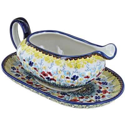 Blue Rose Polish Pottery S119 Manufaktura Gravy Boat & Plate 11 Blue Rose Polish Pottery S119 Manufaktura Gravy Boat & Plate - Image 9