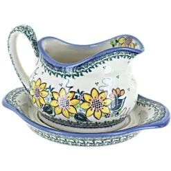 Blue Rose Polish Pottery WS03 Galia Gravy Boat And Plate