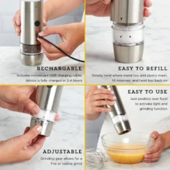 Kamenstein USB Rechargeable Dual Salt And Pepper Grinder: Stainless Steel Seasoning Shakers, Silver, 8.93" Height