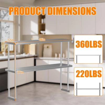 Stainless Steel Overshelf Shelves For Work & Prep Table, 2 Tier Double Deck Overshelf With Adjustable Shelf, Commercial Countertop Shelf 4 Stainless Steel Overshelf Shelves For Work & Prep Table, 2 Tier Double Deck Overshelf With Adjustable Shelf, Commercial Countertop Shelf - Image 2