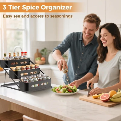 3-Layer Foldable Carbon Steel Spices Rack With Non-Slip Suction Cups, Adjusted Height 10-10.8Inch, Space-Saving For Kitchen Desktop & Cabinet, Black 5 3-Layer Foldable Carbon Steel Spices Rack With Non-Slip Suction Cups, Adjusted Height 10-10.8Inch, Space-Saving For Kitchen Desktop & Cabinet, Black - Image 3