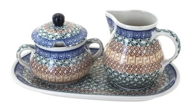 Blue Rose Polish Pottery 522 Ceramika Artystyczna Large Cream & Sugar Set With Tray 3 Blue Rose Polish Pottery 522 Ceramika Artystyczna Large Cream & Sugar Set With Tray
