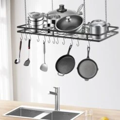 YIYIBYUS 31.5 Inches Ceiling Pot Rack And Pan Rack For Ceiling With 12 Hooks