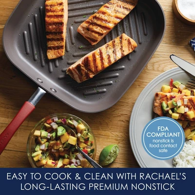 Rachael Ray 11" Hard-Anodized Nonstick Deep Square Grill Pan - Gray With Cranberry Red Handle: Griddle Pan, Rust-Resistant 4 Rachael Ray 11" Hard-Anodized Nonstick Deep Square Grill Pan - Gray With Cranberry Red Handle: Griddle Pan, Rust-Resistant - Image 2