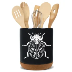 Elanze Designs 8 Inch Floral Beetle Large Ceramic Kitchen Utensil Holder Black And White Crock With Cork Base -Target KitchenAid GUEST 89f09891 50bf 44c1 8234 d23e03228df6