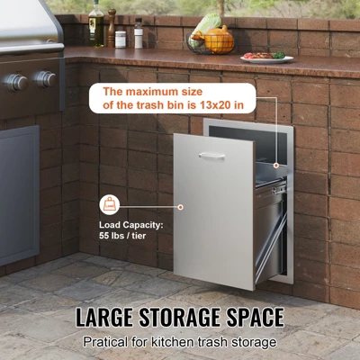 VEVOR Pull Out Trash Drawer 17.7x22.8 Inch Raised Style Trash Bin With Pull-Out Tray Stainless Steel Trash Drawer With Handle, Silver 5 VEVOR Pull Out Trash Drawer 17.7x22.8 Inch Raised Style Trash Bin With Pull-Out Tray Stainless Steel Trash Drawer With Handle, Silver - Image 3